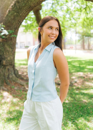 Blue Sleeveless Button Up Top | Select Trends Boutique