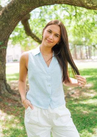 Blue Sleeveless Button Up Top | Select Trends Boutique