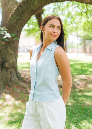 Blue Sleeveless Button Up Top | Select Trends Boutique