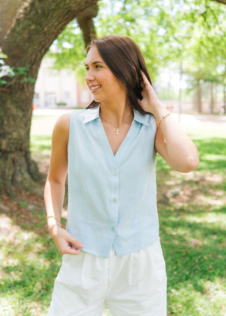 Blue Sleeveless Button Up Top | Select Trends Boutique