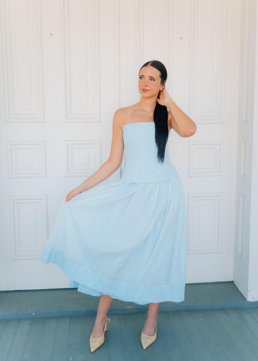Blue Strapless Corset Midi Dress
