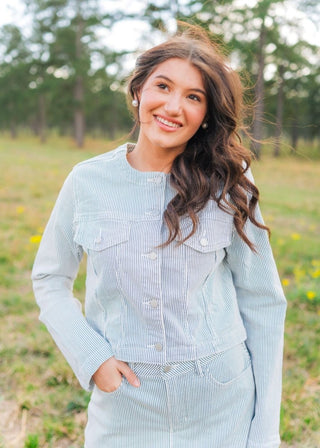 Blue Striped Collarless Denim Jacket - Select Trends Boutique