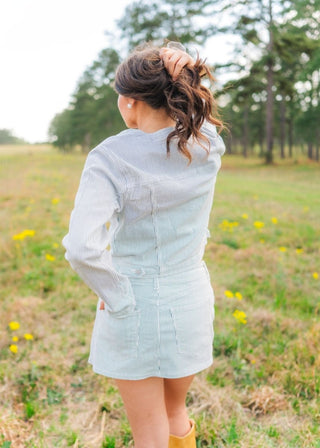 Blue Striped Collarless Denim Jacket - Select Trends Boutique