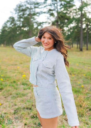 Blue Striped Collarless Denim Jacket - Select Trends Boutique