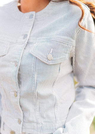 Blue Striped Collarless Denim Jacket - Select Trends Boutique