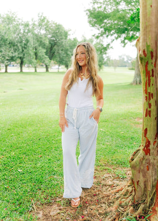 Blue Striped Drawstring Embroidered Pants - Select Trends Boutique