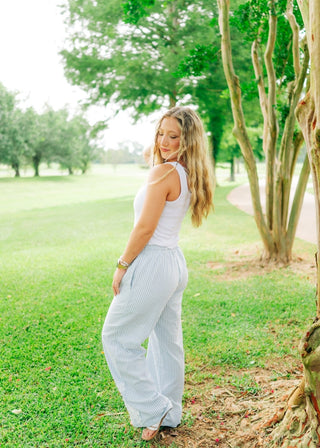 Blue Striped Drawstring Embroidered Pants - Select Trends Boutique