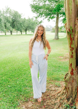 Blue Striped Drawstring Embroidered Pants | Select Trends Boutique