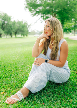 Blue Striped Drawstring Embroidered Pants - Select Trends Boutique
