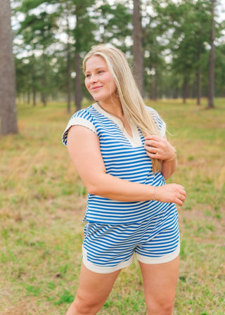Blue Striped Lounge Short Set - Select Trends Boutique