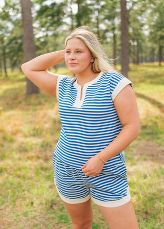 Blue Striped Lounge Short Set - Select Trends Boutique