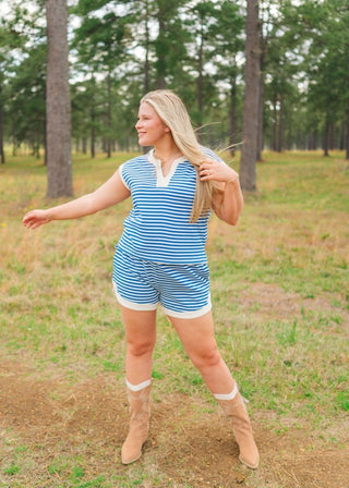 Blue Striped Lounge Short Set - Select Trends Boutique