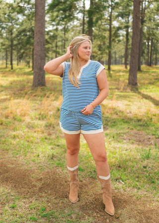 Blue Striped Lounge Short Set - Select Trends Boutique