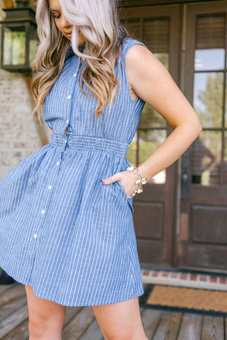 Blue Striped Synched Button Down Dress