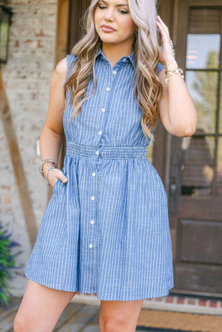 Blue Striped Synched Button Down Dress | Select Trends Boutique