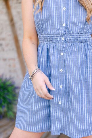 Blue Striped Synched Button Down Dress