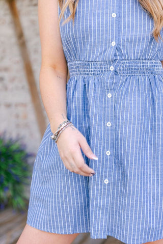 Blue Striped Synched Button Down Dress | Select Trends Boutique