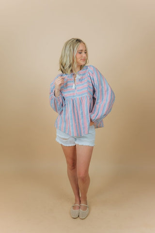 Blue Striped Tassel Tie Blouse | Select Trends Boutique