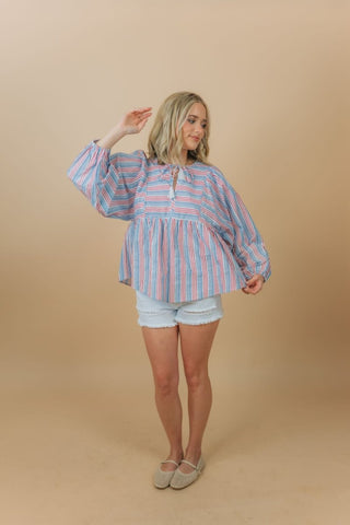 Blue Striped Tassel Tie Blouse | Select Trends Boutique