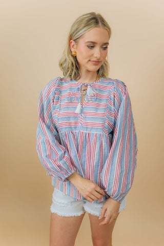 Blue Striped Tassel Tie Blouse | Select Trends Boutique