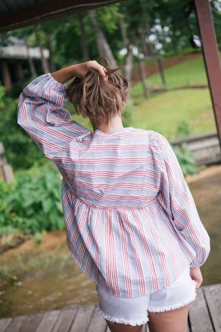 Blue Striped Tassel Tie Blouse | Select Trends Boutique