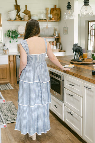 Blue Striped Tiered Ruffle Midi Dress