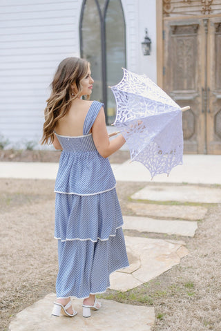 Blue Striped Tiered Ruffle Midi Dress