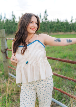Blue Trim Beige Pleated Top | Select Trends Boutique