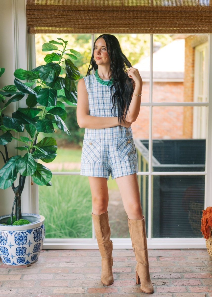 Blue Tweed Pocket Front Romper