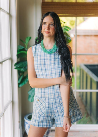 Blue Tweed Pocket Front Romper | Select Trends Boutique