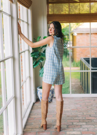 Blue Tweed Pocket Front Romper | Select Trends Boutique