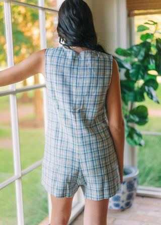 Blue Tweed Pocket Front Romper | Select Trends Boutique
