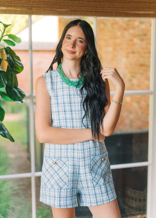Blue Tweed Pocket Front Romper | Select Trends Boutique