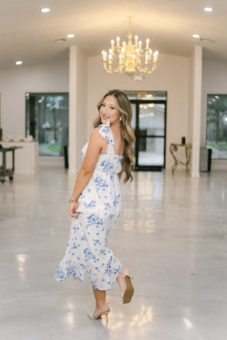 Blue & White Floral Shoulder Tie Midi Dress | Select Trends Boutique