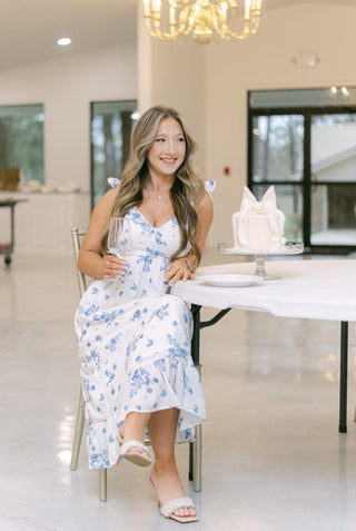 Blue & White Floral Shoulder Tie Midi Dress | Select Trends Boutique