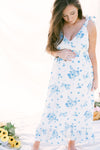 Blue & White Floral Shoulder Tie Midi Dress