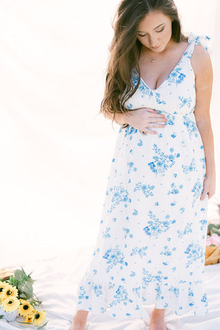 Blue & White Floral Shoulder Tie Midi Dress