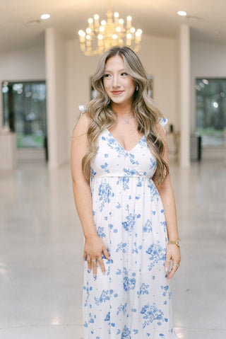 Blue & White Floral Shoulder Tie Midi Dress | Select Trends Boutique