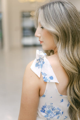 Blue & White Floral Shoulder Tie Midi Dress | Select Trends Boutique