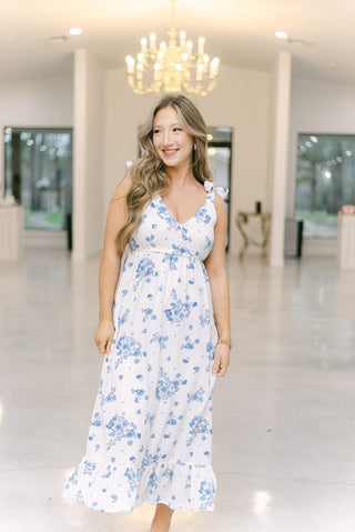 Blue & White Floral Shoulder Tie Midi Dress | Select Trends Boutique