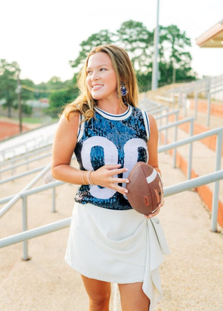 Blue & White Sequin Sleeveless Jersey - Select Trends Boutique