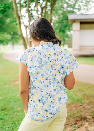 Blue & Yellow Floral V-Neck Blouse - Select Trends Boutique