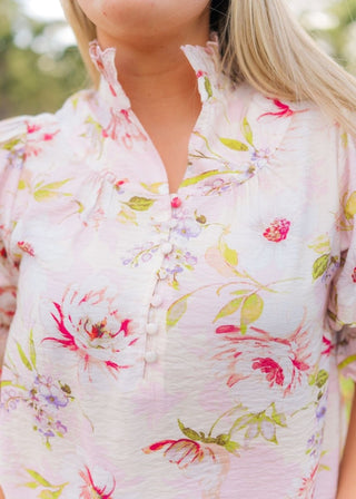 Blush Pink Floral Puff Sleeve Blouse - Select Trends Boutique