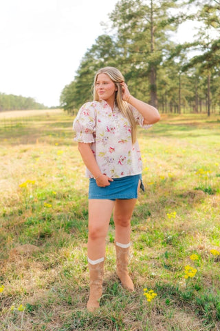 Blush Pink Floral Puff Sleeve Blouse - Select Trends Boutique