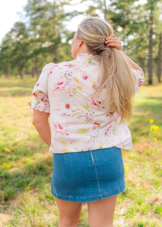Blush Pink Floral Puff Sleeve Blouse - Select Trends Boutique