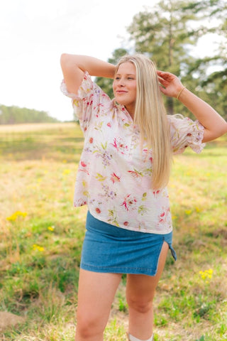 Blush Pink Floral Puff Sleeve Blouse - Select Trends Boutique
