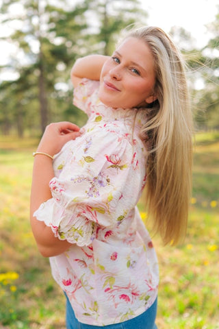 Blush Pink Floral Puff Sleeve Blouse - Select Trends Boutique