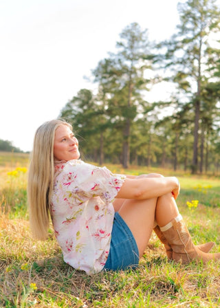 Blush Pink Floral Puff Sleeve Blouse - Select Trends Boutique