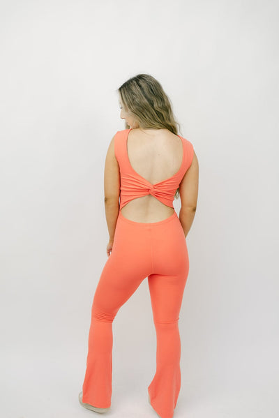 Coral Twisted Back Flare Athletic Jumpsuit