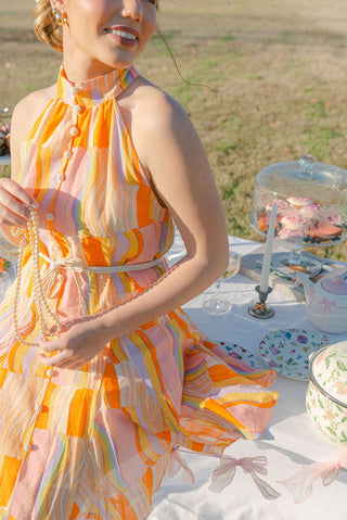 Orange Tie Waist Halter Mini Dress